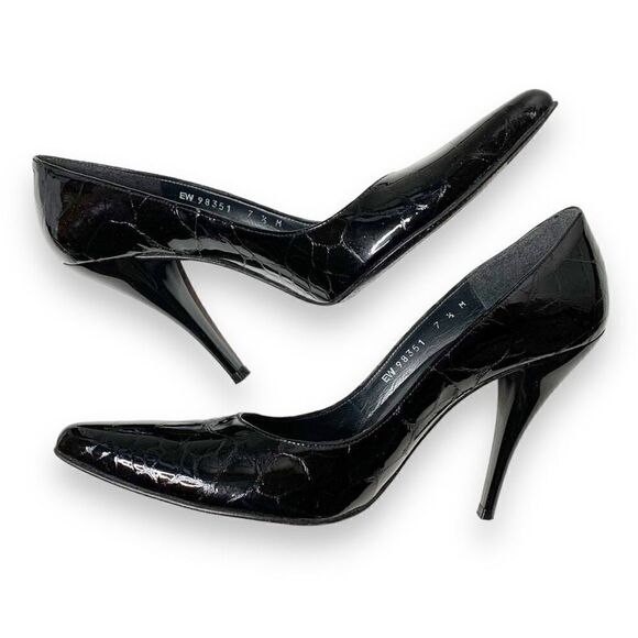 Stuart Weitzman Black Croc Embossed Patent Leather Pointed Toe Pumps Size 7.5 M - Picture 6 of 11